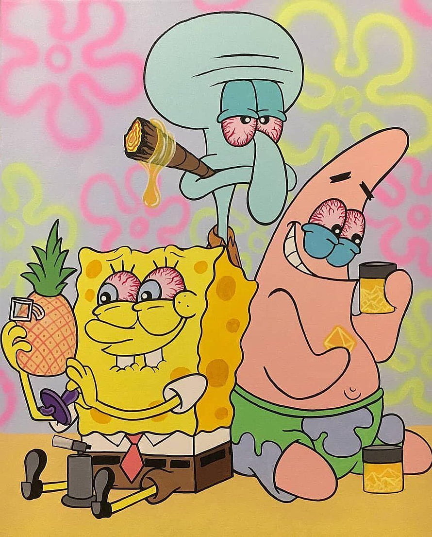 SpongeBob SquarePants, Patrick Star, and Squidward in a Psychedelic Cartoon Illustration HD phone wallpaper
