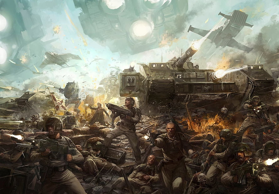 Warhammer 40k Imperial Guard Battlefield Artwork with Tanks and Infantry HD wallpaper