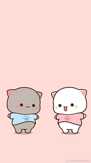 Cute Chibi Cartoon Cats in Pastel Shirts on Soft Pink Background HD phone wallpaper