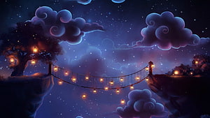 Enchanted Night Sky with Glowing Lantern Bridge and Floating Clouds HD wallpaper