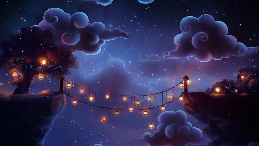 Enchanted Night Sky with Glowing Lantern Bridge and Floating Clouds HD wallpaper