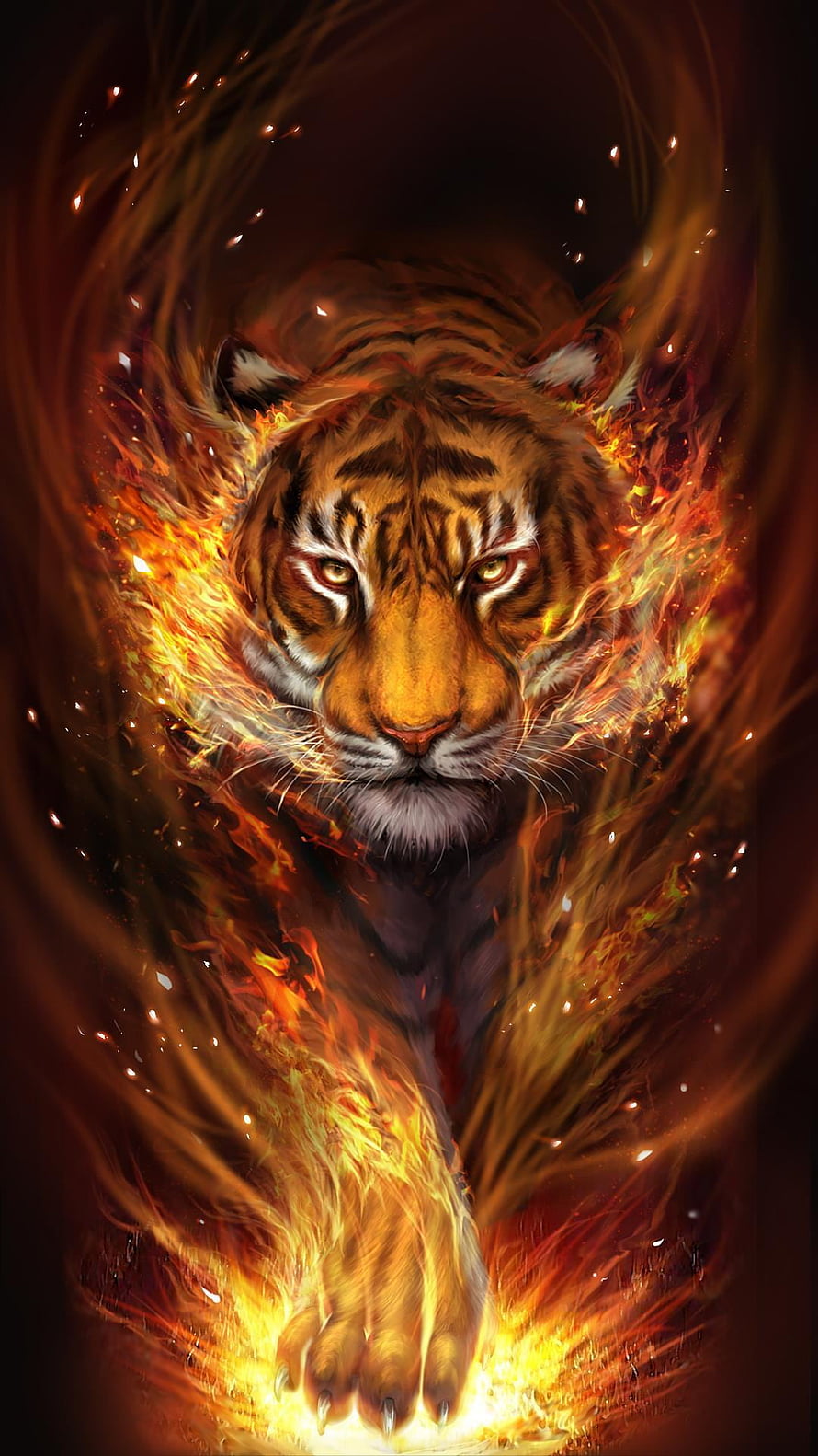 Fierce Tiger Surrounded by Swirling Flames and Embers Digital Art HD phone wallpaper