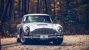 Silver Aston Martin DB5 Classic Car Parked on a Gravel Forest Road in Autumn HD wallpaper