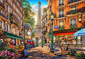Charming Parisian Street Scene with Eiffel Tower, Vintage Car, and Flower Shops HD wallpaper
