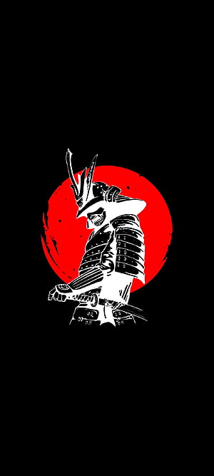 Minimalist Samurai Warrior Illustration with Red Sun on Black Background HD phone wallpaper