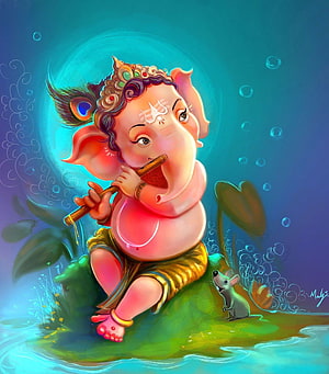 Baby Ganesha Playing Flute on Lotus with Mouse Companion in Vibrant Digital Art HD phone wallpaper