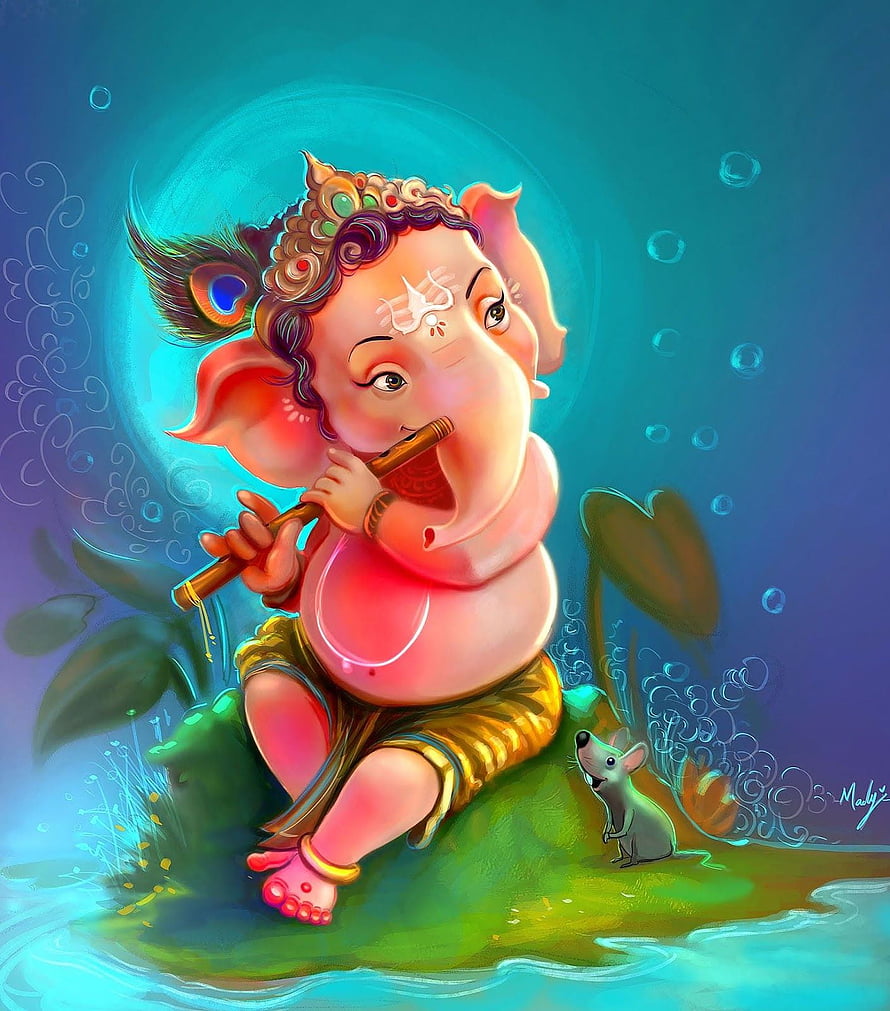 Baby Ganesha Playing Flute on Lotus with Mouse Companion in Vibrant Digital Art HD phone wallpaper