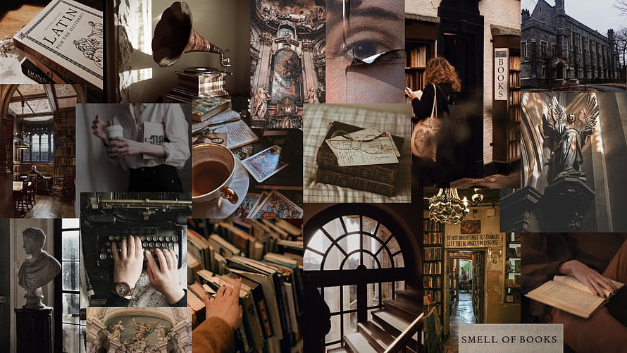 Dark Academia Aesthetic Collage Featuring Vintage Books, Libraries, and Classic Study Scenes HD wallpaper