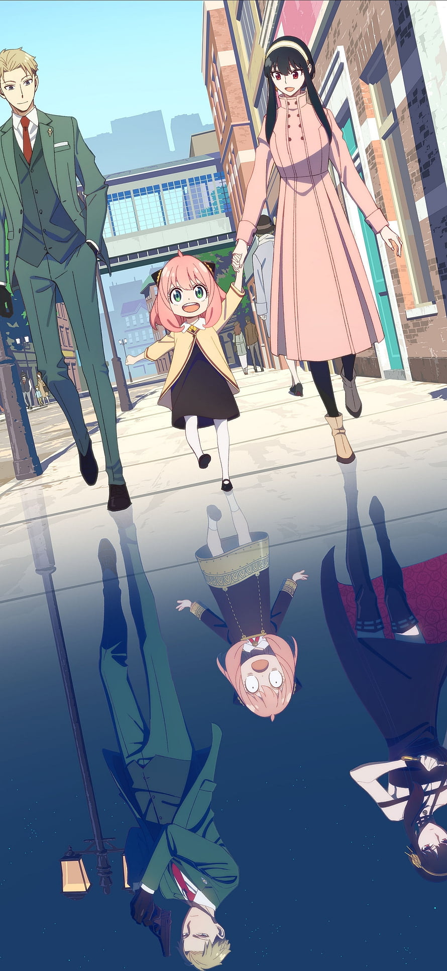 Spy x Family Anya, Loid, and Yor Walking in City Street with Puddle Reflection HD phone wallpaper