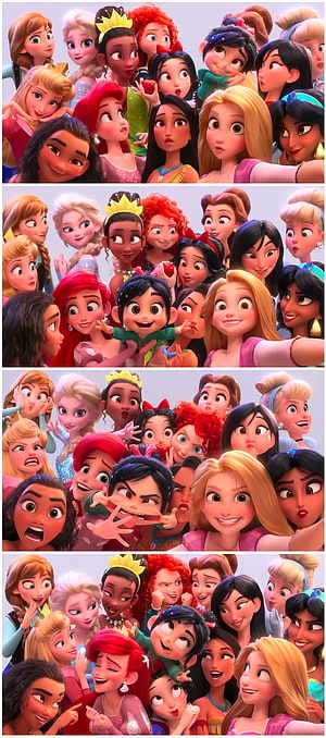 Disney Princesses Group Selfie Collage Featuring Elsa, Anna, Moana, Vanellope, and More HD phone wallpaper