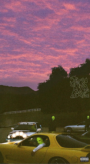 Beyonce Cactus Jack album cover art featuring masked figures in cars under a purple sunset sky HD phone wallpaper
