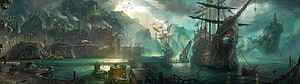 Fantasy Pirate Harbor with Dragon-Headed Galleon and Misty Coastal City HD wallpaper