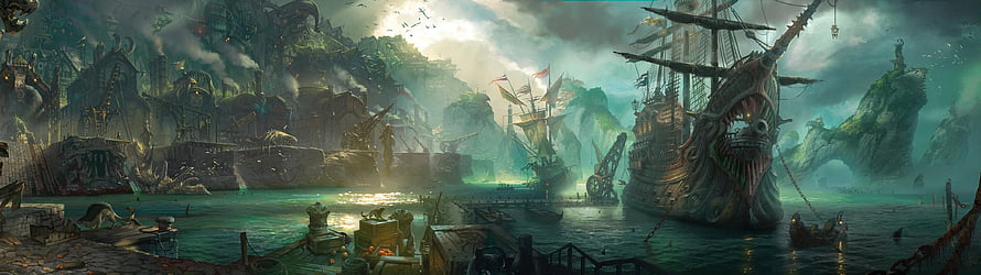 Fantasy Pirate Harbor with Dragon-Headed Galleon and Misty Coastal City HD wallpaper