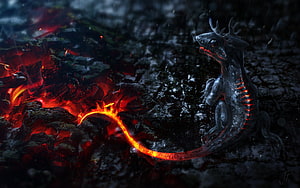 House of the Dragon Fantasy Creature with Glowing Lava Tail in Dark Cavern HD wallpaper