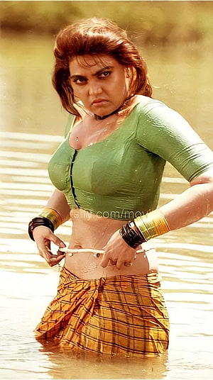 Silk Smitha in Green Blouse and Plaid Skirt Standing in Shallow Water HD phone wallpaper