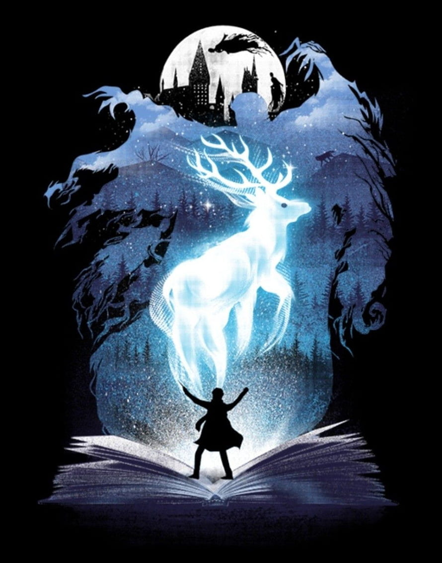 Harry Potter Patronus Charm Artwork with Glowing Stag and Hogwarts Castle HD phone wallpaper
