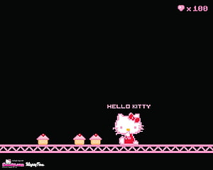 Hello Kitty Pixel Art Platformer Scene with Cupcakes on Black Background HD wallpaper