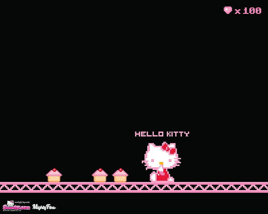 Hello Kitty Pixel Art Platformer Scene with Cupcakes on Black Background HD wallpaper