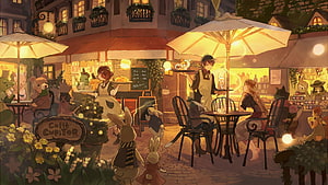 Cozy Nighttime Cafe Scene with Anthropomorphic Animals and Human Patrons in Warm Illustration, Coffee Shop Anime, Cozy Anime HD wallpaper