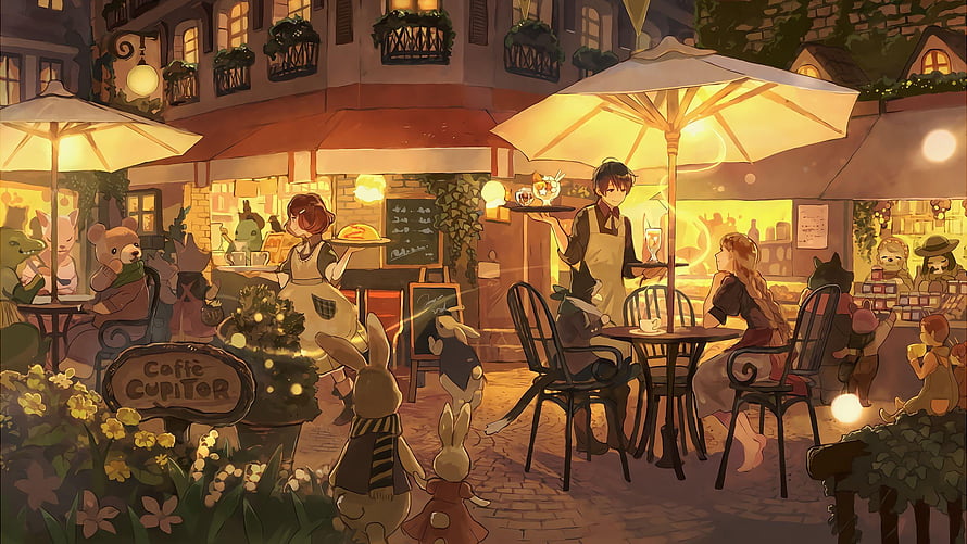 Cozy Nighttime Cafe Scene with Anthropomorphic Animals and Human Patrons in Warm Illustration, Coffee Shop Anime, Cozy Anime HD wallpaper