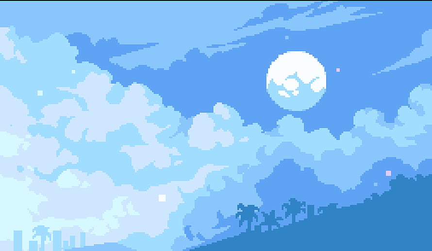 Pixel Art Tropical Skyline with Full Moon and Clouds in Blue Pastel Tones HD wallpaper