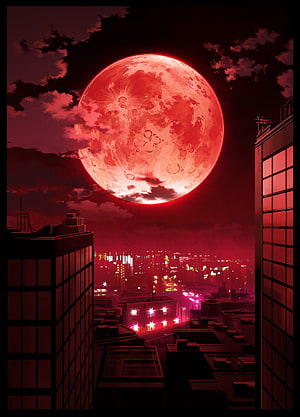 Red Moon Over Cyberpunk Cityscape with Neon Lights and Dark Clouds HD phone wallpaper
