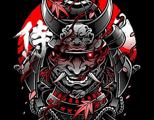 Red and Black Samurai Warrior Mask Illustration with Japanese Kanji and Maple Leaves HD wallpaper