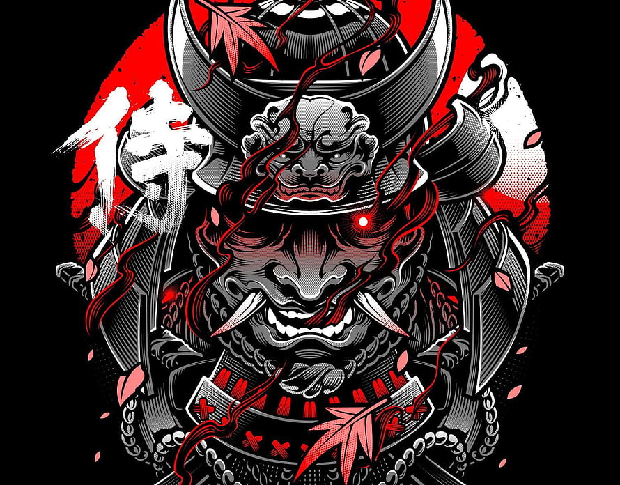 Red and Black Samurai Warrior Mask Illustration with Japanese Kanji and Maple Leaves HD wallpaper