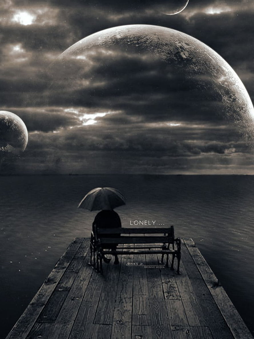 Lonely figure with umbrella on pier under giant planets HD phone wallpaper