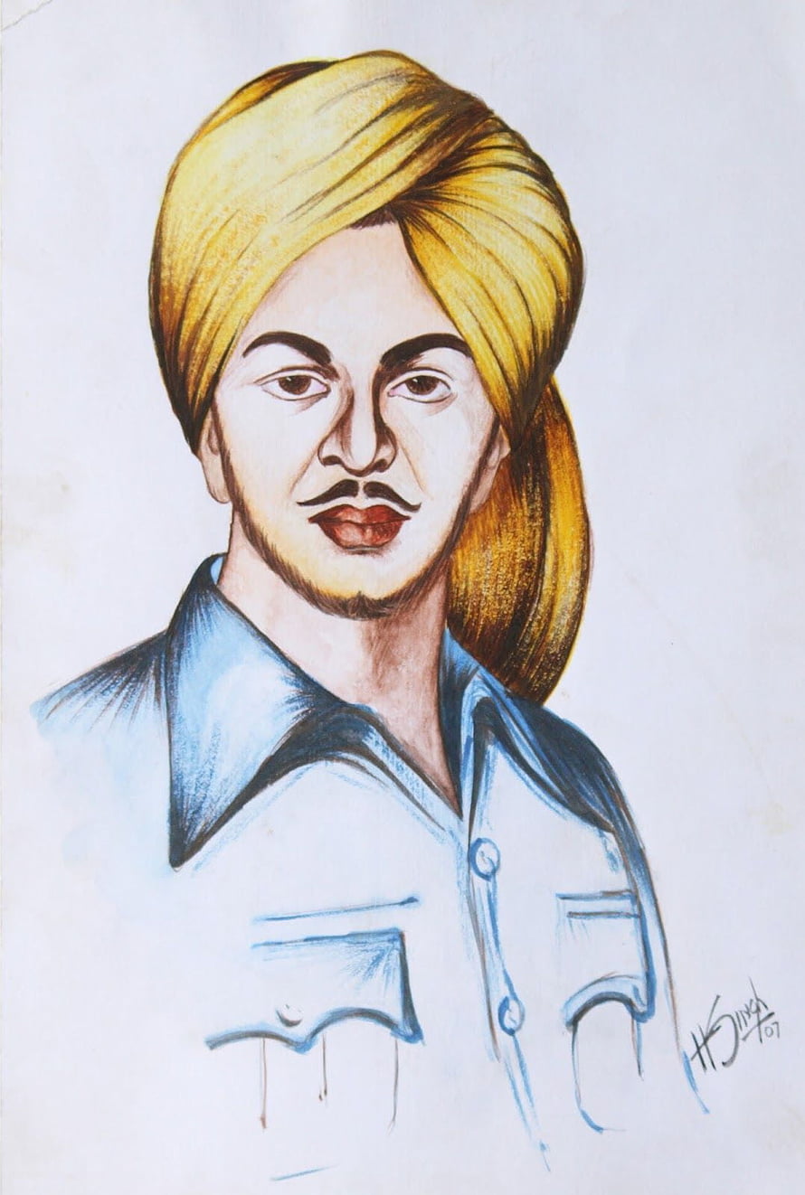 Bhagat Singh Portrait Drawing in Yellow Turban and Blue Shirt HD phone wallpaper