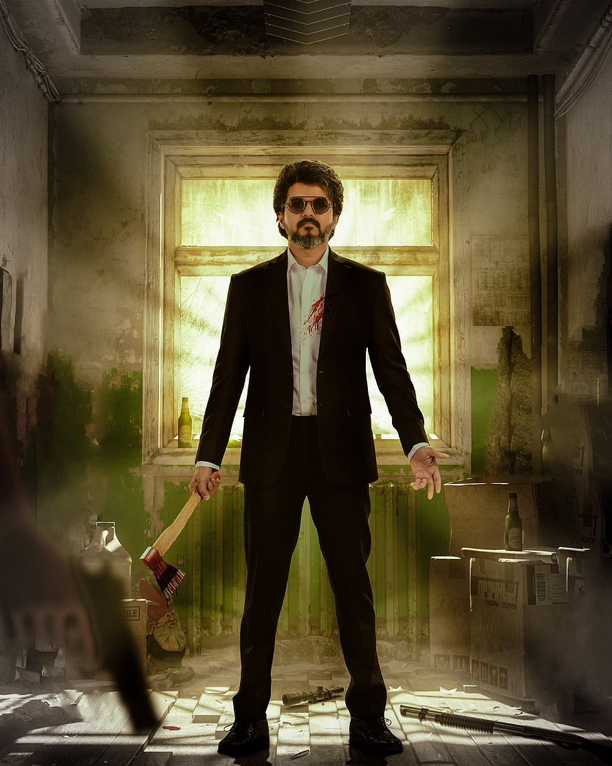 Man in Suit Holding Bloodied Axe in Dilapidated Room, Thalapathy Vijay, art, BEAST HD phone wallpaper