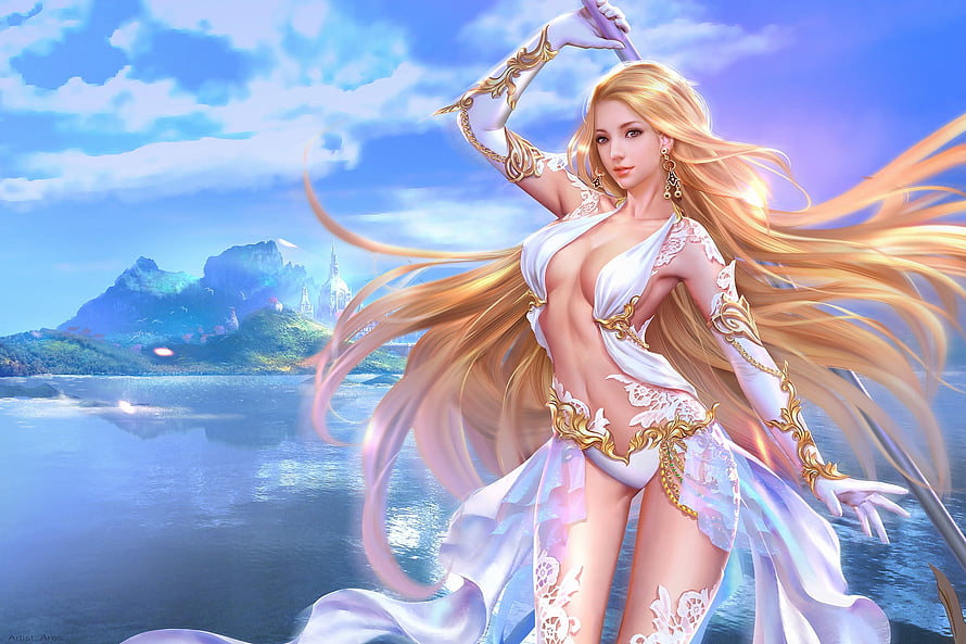 Blonde Fantasy Woman in White and Gold Attire Standing by a Serene Lake, Fantasy girl, blue, frumusete, blonde, ares, fantasy, luminos, girl HD wallpaper
