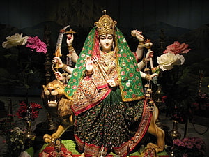 Vaishno Devi Mata Ji Murti with Lion and Traditional Offerings HD wallpaper