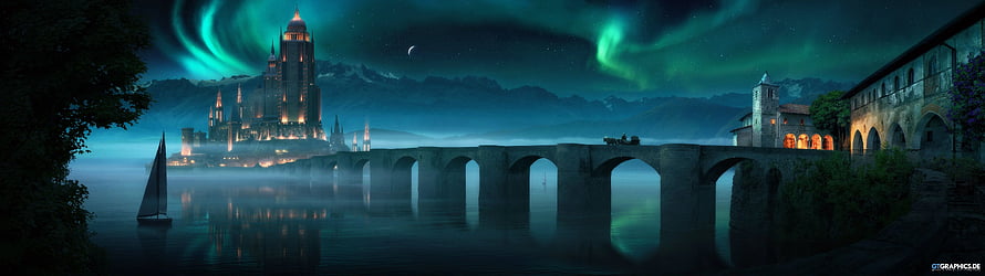 Magical Fantasy Castle by the River with Northern Lights and Stone Bridge HD wallpaper