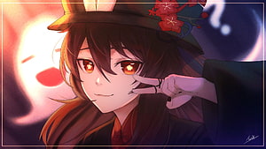 Hu Tao from Genshin Impact in a warm anime portrait with glowing eyes and a floral hat HD wallpaper