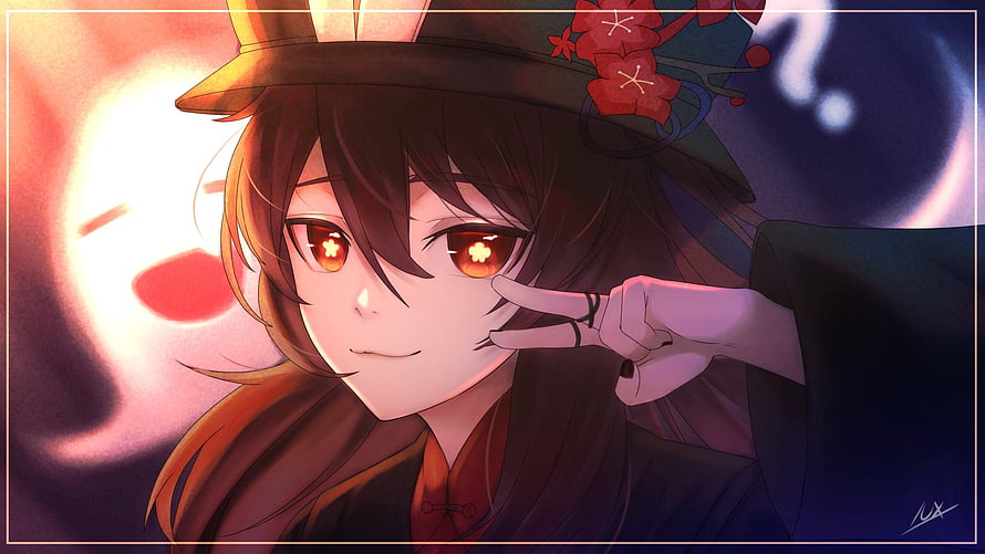 Hu Tao from Genshin Impact in a warm anime portrait with glowing eyes and a floral hat HD wallpaper