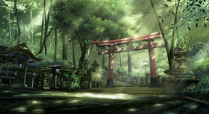 Misty Japanese Torii Gate in a Lush Forest with Traditional Shrine Elements HD wallpaper
