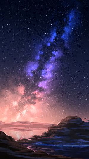 Starry Night Sky Over Rocky Landscape With Purple And Pink Galaxy HD phone wallpaper
