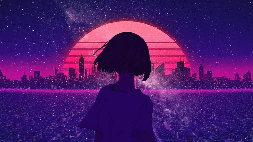 Anime Girl Silhouette Watching Giant Pink Sun Over Neon City Skyline HD wallpaper