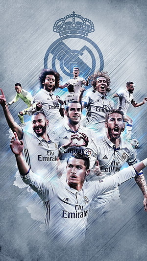 Real Madrid Football Team Collage Wallpaper Featuring Cristiano Ronaldo, Karim Benzema, Luka Modric, and Sergio Ramos in White Kits HD phone wallpaper