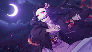 Kanao Tsuyuri from Demon Slayer in a Dynamic Night Scene with Crescent Moon HD wallpaper