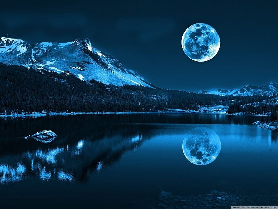 Full Moon Over Snow-Capped Mountains and a Calm Alpine Lake at Night HD wallpaper