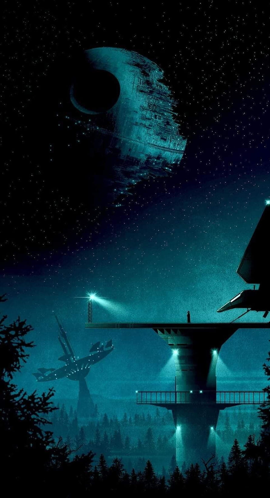 Star Wars Death Star Over Endor Forest with Imperial Shuttle and Landing Pad HD phone wallpaper