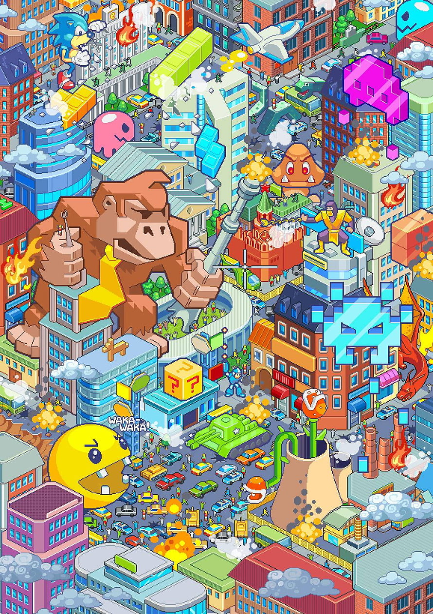 Sonic the Hedgehog and Pac-Man in a Chaotic Pixel Art City with Giant Monsters, Pixel Art Retro Video Game, Pixel Art Gaming HD phone wallpaper