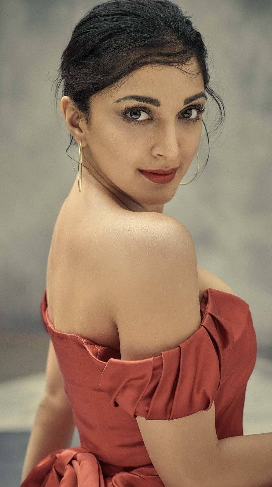 Kiara Advani in an Elegant Off-Shoulder Terracotta Gown with Gold Hoop Earrings HD phone wallpaper