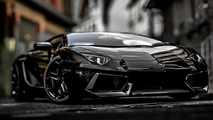 Black Lamborghini Aventador Super Sport Parked on Wet Urban Street HD wallpaper