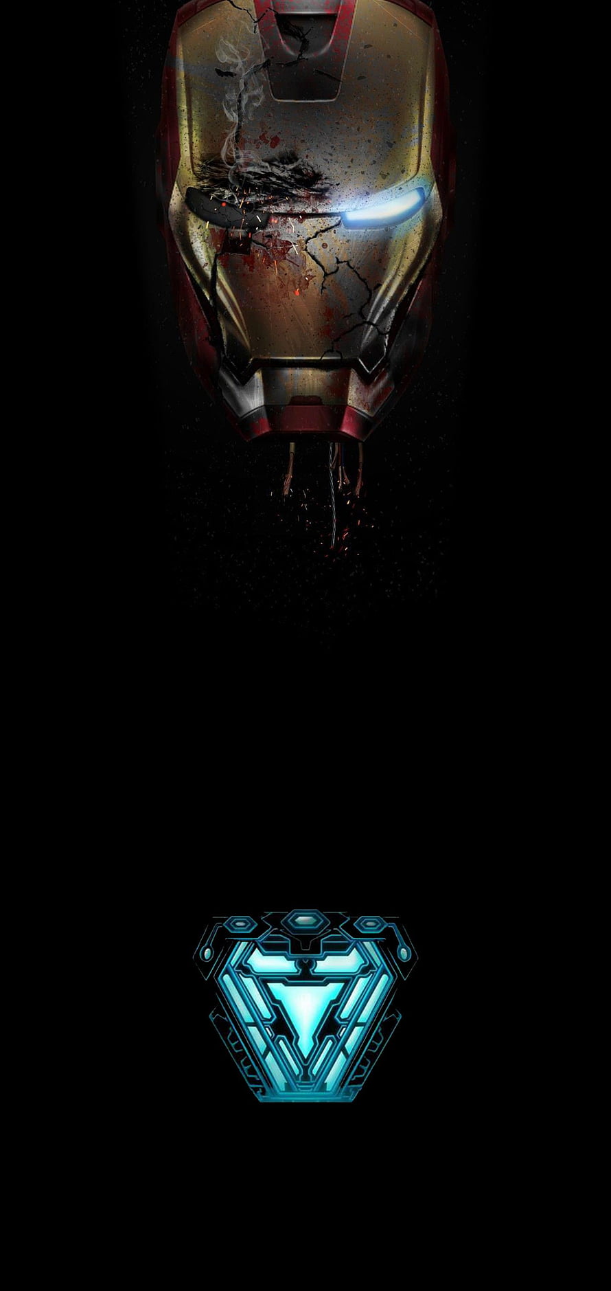 Damaged Iron Man Helmet with Glowing Arc Reactor on Black Background, Fingerprint, Simple Iron Man HD phone wallpaper