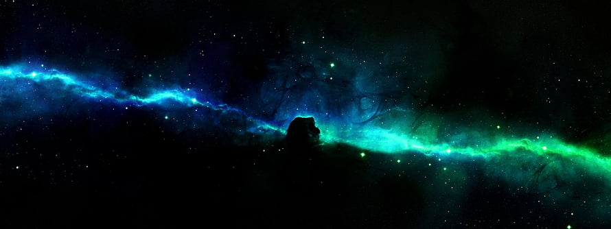 Vibrant Blue and Green Nebula with Dark Silhouette Against Starry Deep Space HD wallpaper