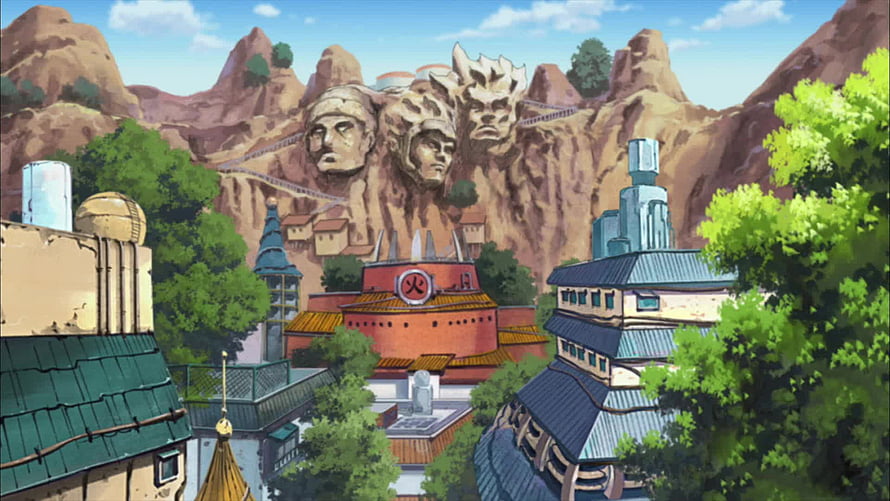 Konohagakure Village and Hokage Rock Monument Anime Landscape HD wallpaper