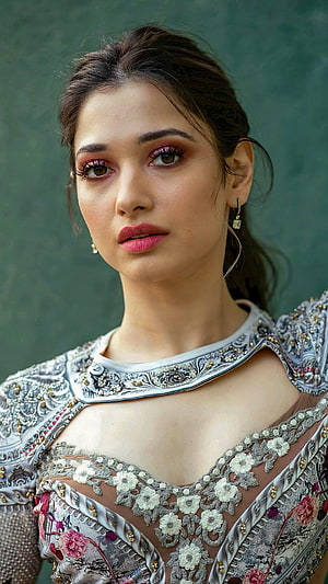 Tamanna Bhatia in an ornate silver and floral embroidered gown with dramatic makeup HD phone wallpaper